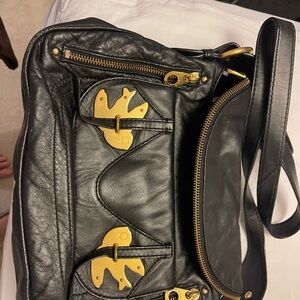 Black Leather Shoulder Bag with Gold Accents